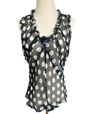 100% Silk Black and White Sheer Polka Dot Sleeveless Blouse w/ Rosette Center